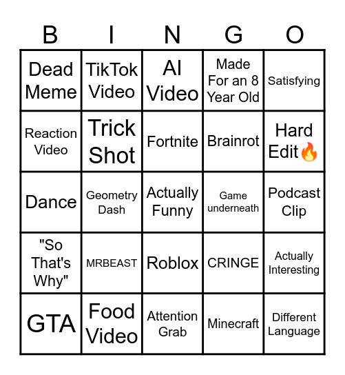 YouTube Shorts Bingo Card