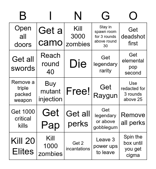 Crazy zombies challenge Bingo Card