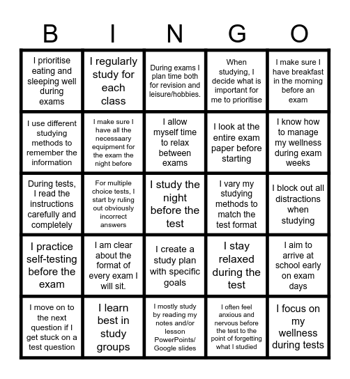 Revision and Exam Prep Bingo Card