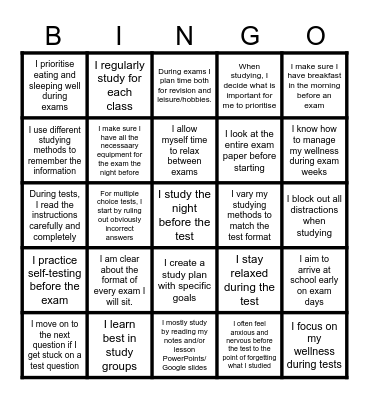 Revision and Exam Prep Bingo Card