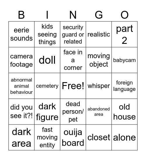 scary biza bub bingo Card
