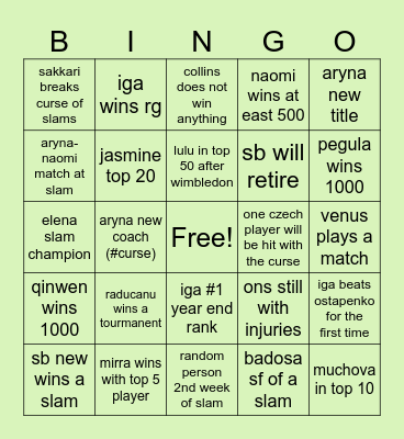 WTA 2025 Bingo Card