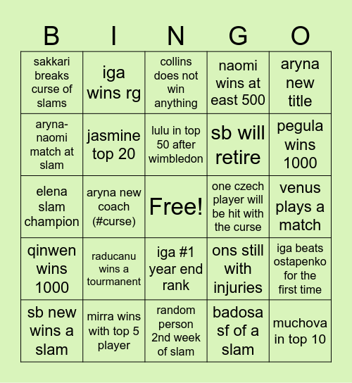 WTA 2025 Bingo Card