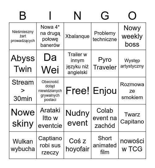 Genshin 5.3 Bingo Card