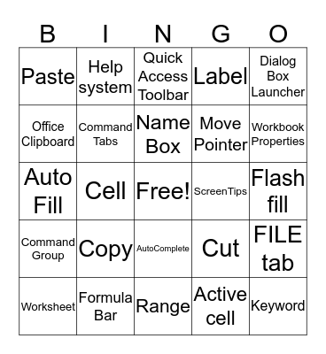Excel Lesson 1 and 2 Bingo Card