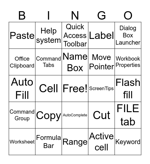 Excel Lesson 1 and 2 Bingo Card