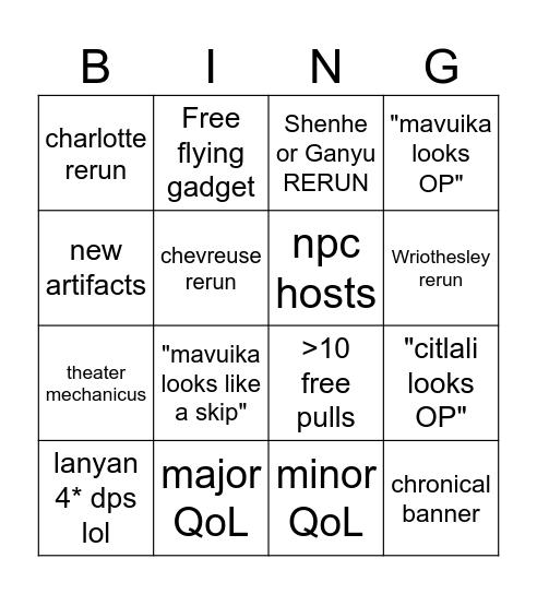 genshin 5.3 developer stream bingo Card