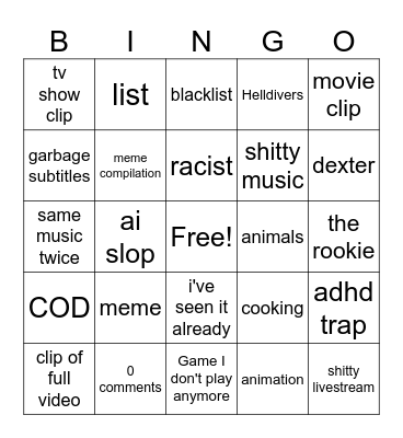 Vyl's Youtube Shorts Bingo Card