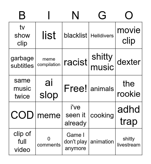 Vyl's Youtube Shorts Bingo Card