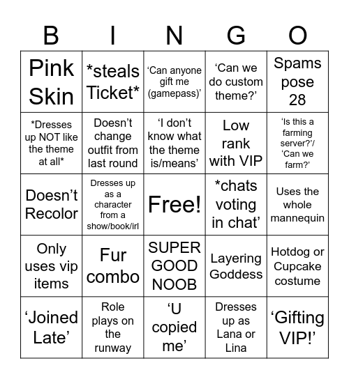 DRESS TO IMPRESS Bingo Card