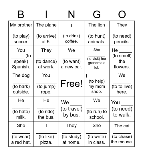 Present Tense Bingo Card