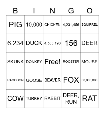 ASL 2- UNIT 4- Numbers and Animals: Domestic and Woodland Bingo Card