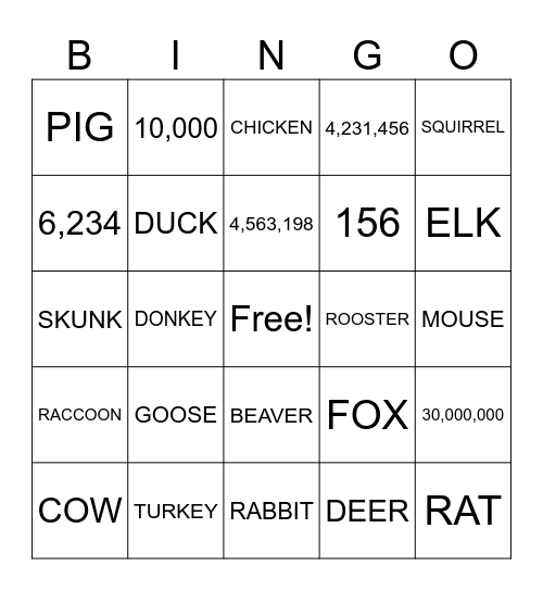 ASL 2- UNIT 4- Numbers and Animals: Domestic and Woodland Bingo Card