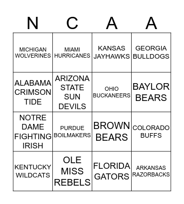College Football Bingo Card
