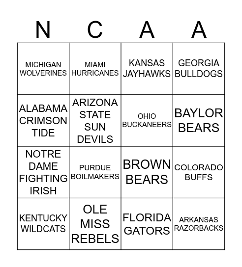 College Football Bingo Card