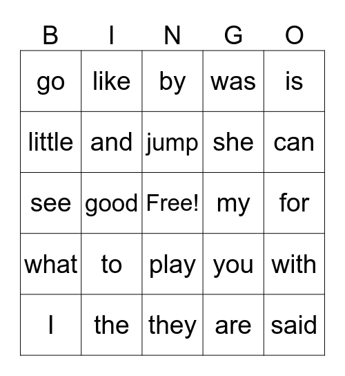 Sight Words Bingo Card