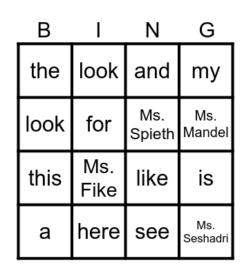 Kindergarten Sight Words Bingo Card