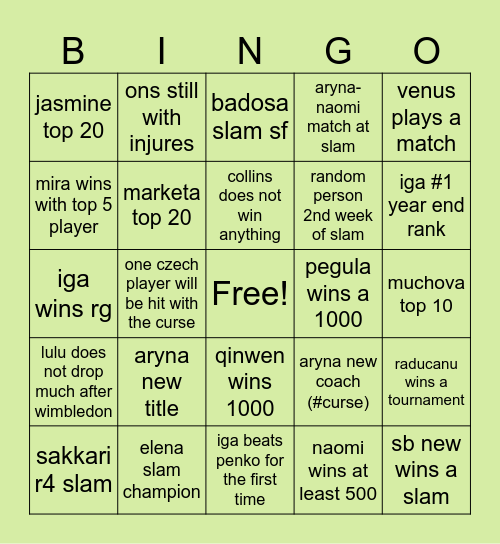 WTA 2025 Bingo Card