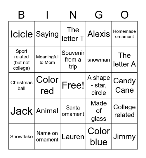 Ornament Bingo Card