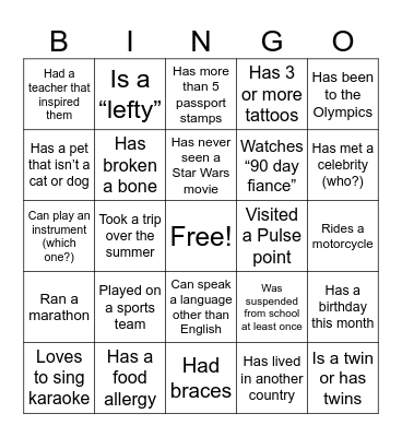 Team Building Bingo Card