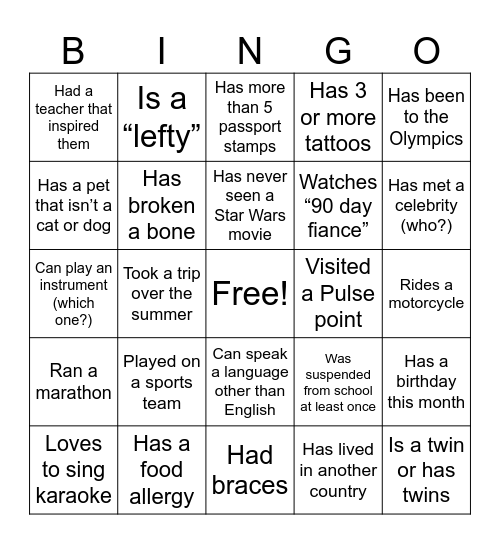 Team Building Bingo Card
