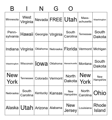 50 states Bingo Card