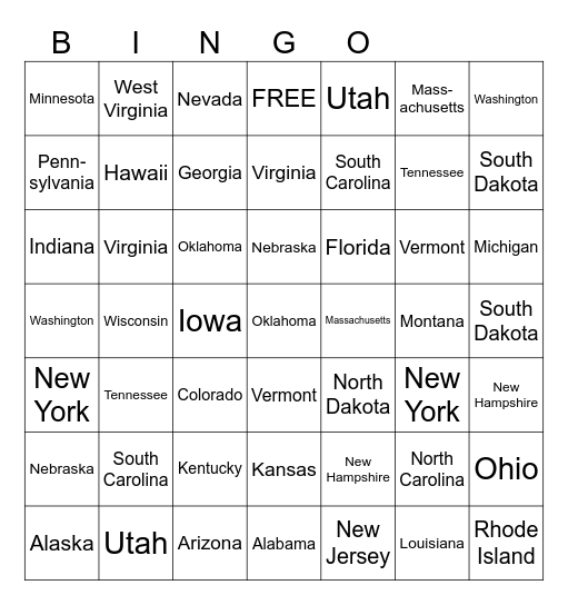 50 states Bingo Card