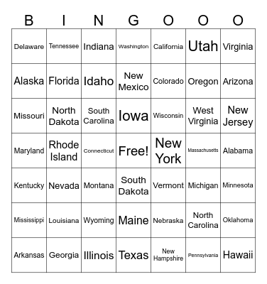 50 States Bingo Card