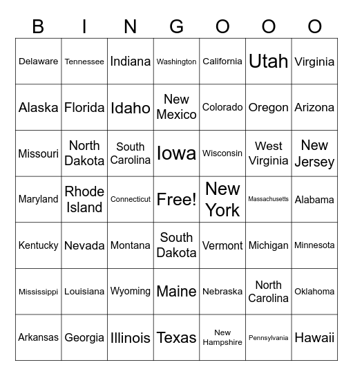 50 States Bingo Card