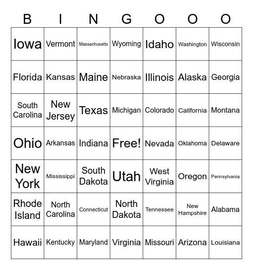 50 States Bingo Card
