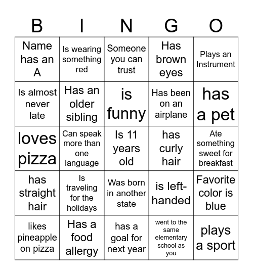 Middle school Bingo Card