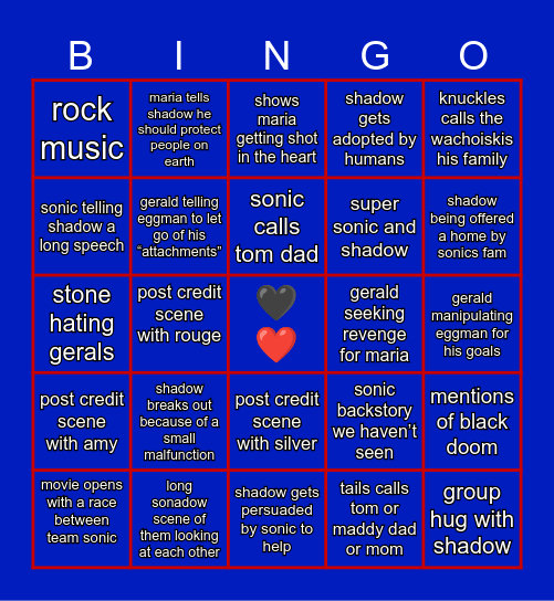 Sonic Movie 3 Bingo Card