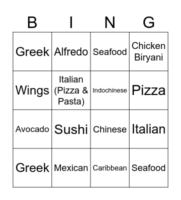 Tech Team Favorite Foods Bingo Card