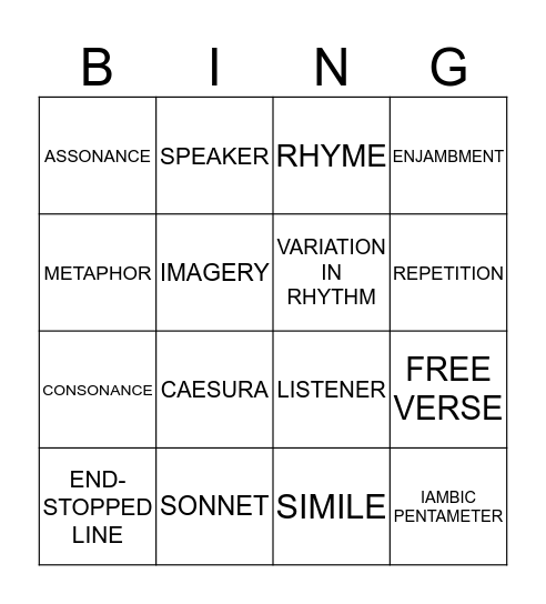 Poetry Bingo Card