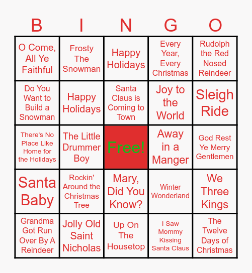 Christmas Carol Bingo Card