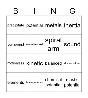 science bingo Card