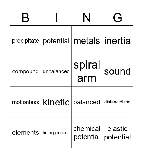 science bingo Card