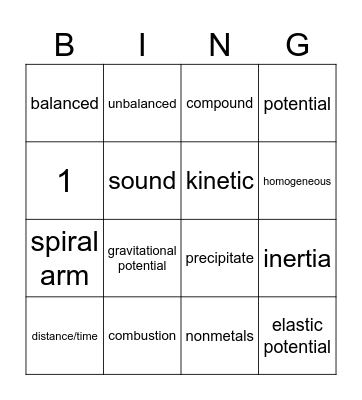 science bingo Card