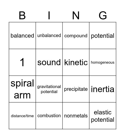 science bingo Card