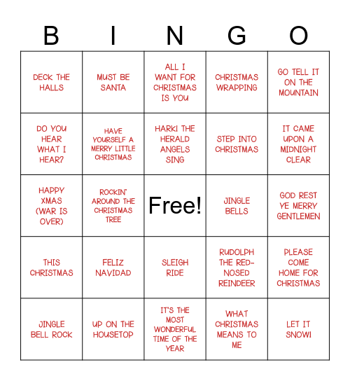 CHRISTMAS CAROLS AND SONGS Bingo Card