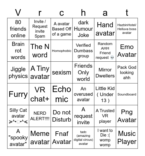 Vrchat bingo Card