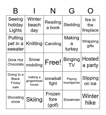 Winter Activities Work Game Bingo Card
