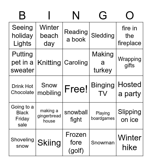 Winter Activities Work Game Bingo Card