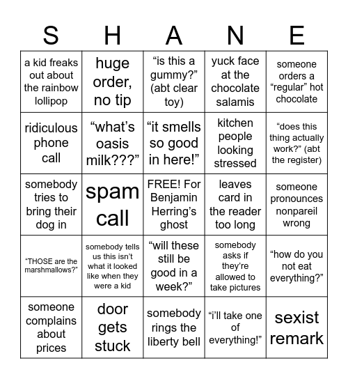 Shane Holiday Bingo Card