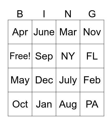 Calendar Bingo Card