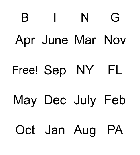 Calendar Bingo Card