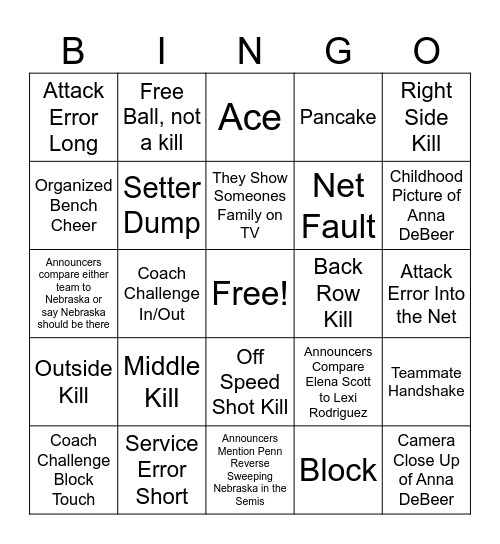 Volleyball Championship Bingo Card