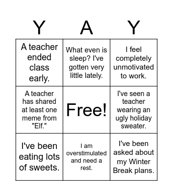 Pre-Winter Break Bingo Card