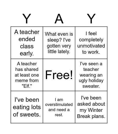 Pre-Winter Break Bingo Card