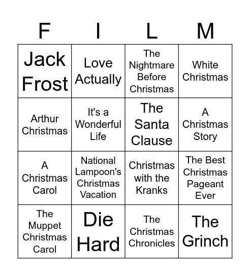 Holiday Movies Bingo Card